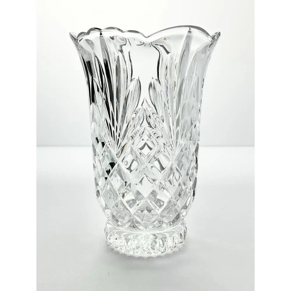 Vintage Tulip Flared Scalloped Footed Crystal Vase 6 3/4” Fan & Cross-Cross Cuts
